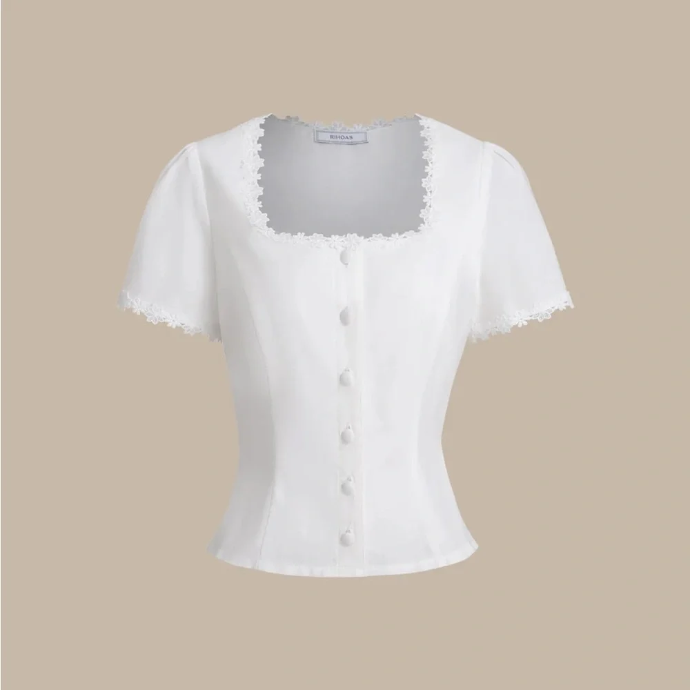 Rihoas White Square Neck Button Lace Blouse - Picture 6 of 9